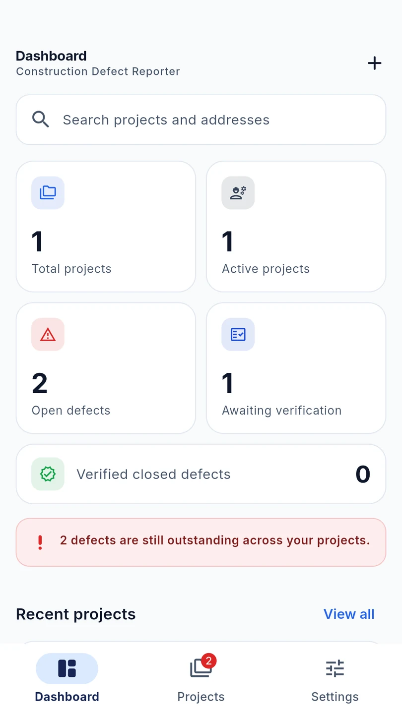 Construction Defect Reporter dashboard with project and defect metrics