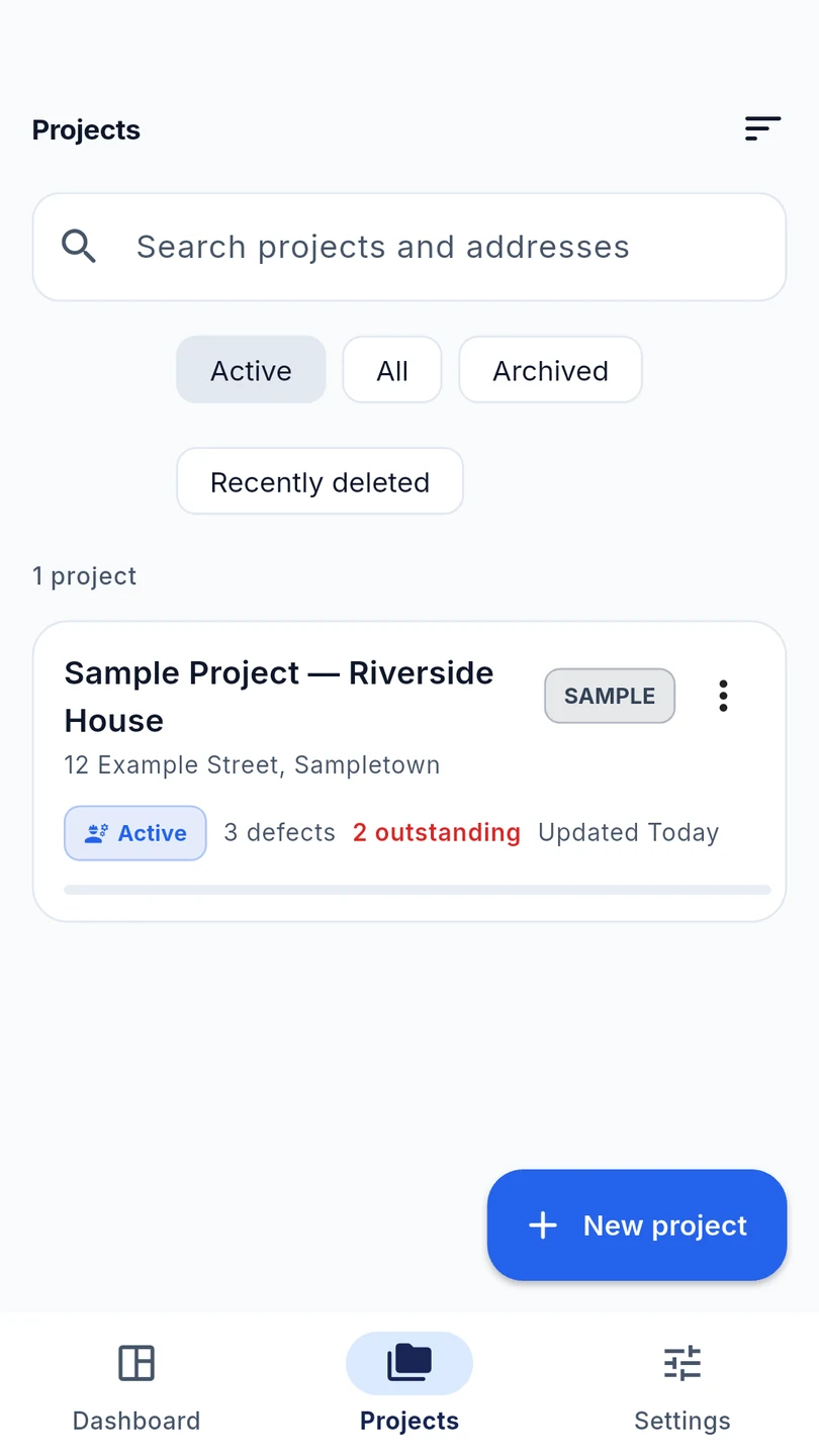 Project list with the sample project