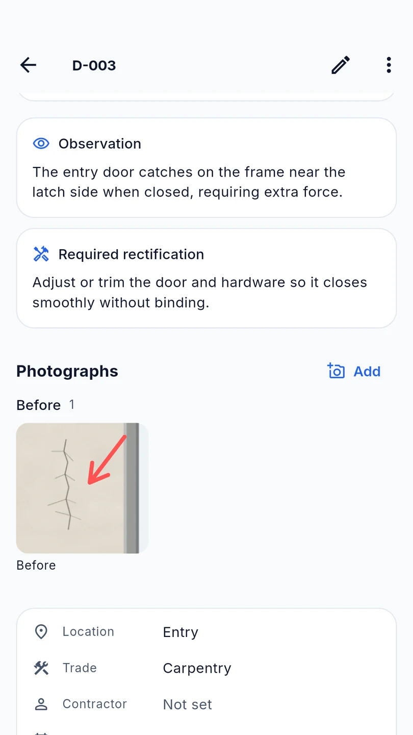 Defect observations, rectification and photographed evidence