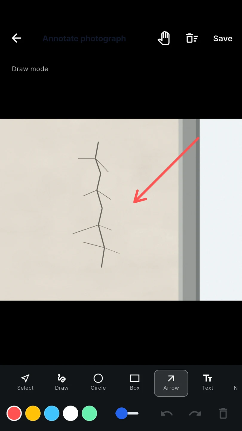Photo annotation editor with a red arrow marking a defect